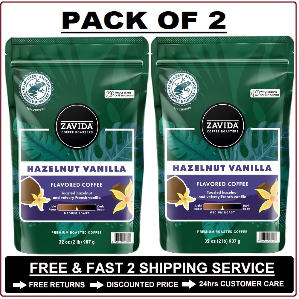 2 Pack – Zavida Coffee Whole Bean Coffee, Hazelnut Vanilla, 32 oz.