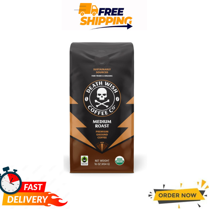 Death Wish Coffee Co. Organic Medium Roast Ground Coffee, 16oz Bag
