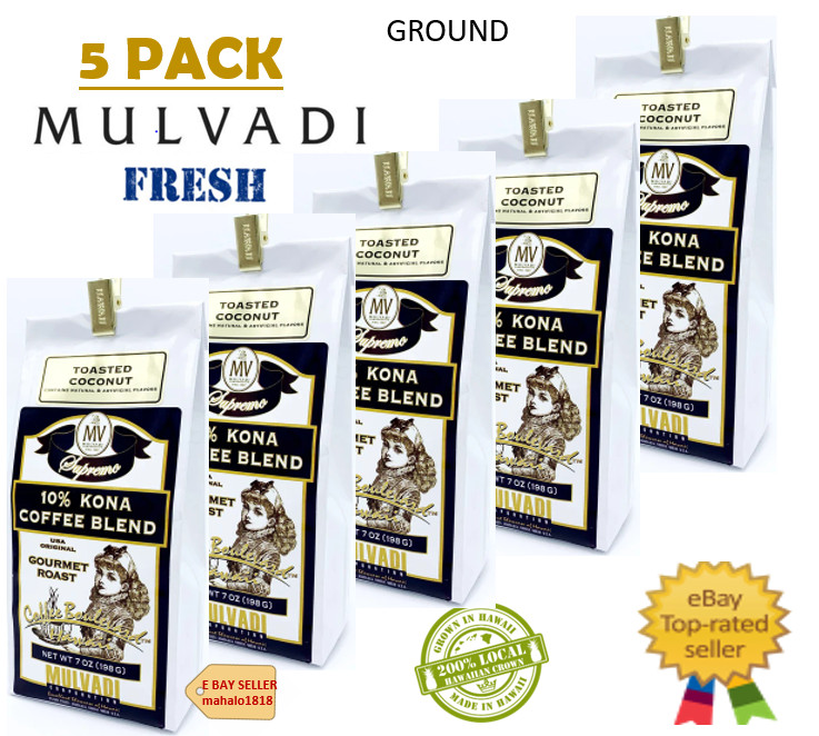 5 PACK- Mulvadi 10% Kona Blend Coffee TOASTED COCONUT – 7oz Hawaii coffee