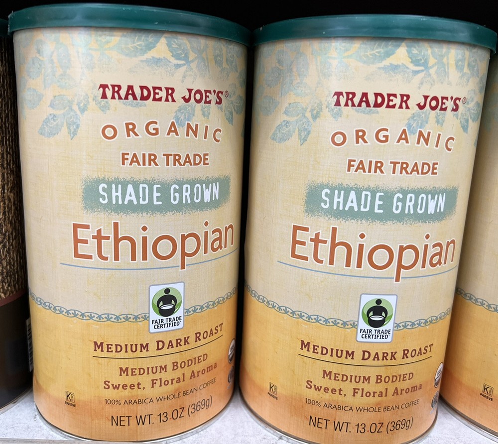 TRADER JOES ORGANIC FAIR TRADE SHADE GROWN ETHIOPIAN MEDIUM DARK ROAST! 13 oz 2