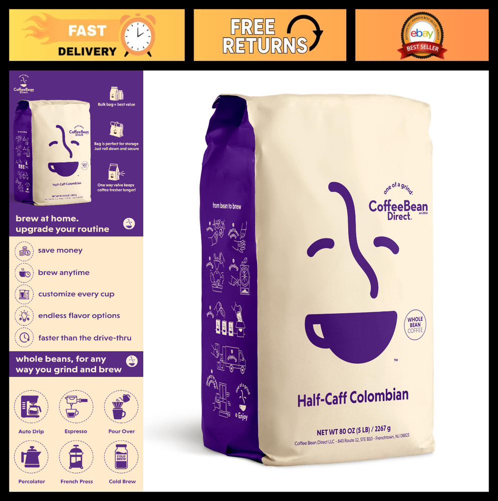 Half-Caff Colombian Whole Bean Coffee – Arabica Light Roast, 5lb Bag, Fresh Brew