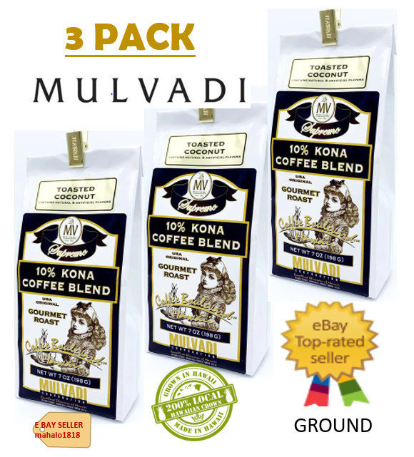 3 PACK- Mulvadi 10% Kona Blend Coffee TOASTED COCONUT – 7oz Medium Dark GROUND